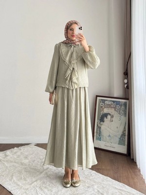 Miraydin Butik Kadın Önü Fırfırlı Modal Etekli Takım M2640 - Yeşil
