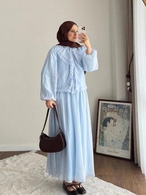 Miraydin Butik Kadın Önü Fırfırlı Modal Etekli Takım M2640 - Bebe Mavisi