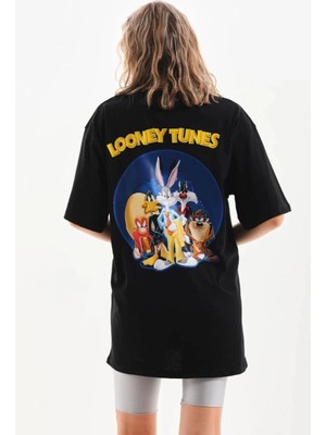 Zenvia Kadın Kısa Kol Yazlık Tişört Bisiklet Yaka Baskılı Oversize T-Shirt - Siyah