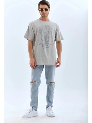Zenvia Erkek Tişört Taş Detaylı Bisiklet Yaka  kısa Kol T-Shirt - Gri