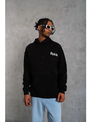 Zenvia Erkek Kapüşonlu Kanguru Cepli Sweatshirt 3 Iplik Pamuklu Baskılı Hoodie - Siyah