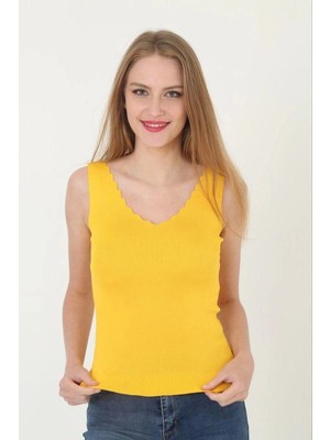 Zenvia Kadın V Yaka Fırfır Detay Crop - Sarı