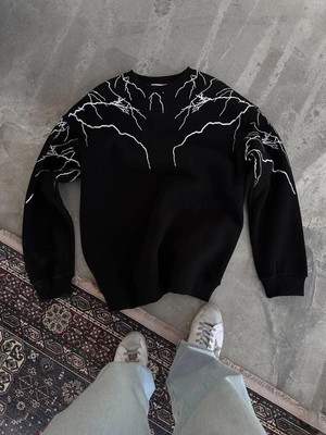 Zenvia Erkek 3 Iplik Pamuklu Yıldırım Baskılı Bisiklet Yaka Sweatshirt - Siyah