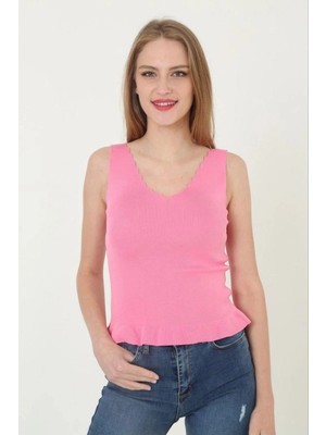 Zenvia Kadın V Yaka Fırfır Detay Crop - Pembe