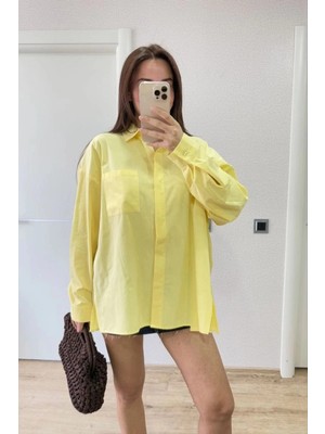 Zenvia Poplin Kadın Yakalı Yandan Yırtmaçlı Arka Pens Detaylı Gömlek - Sarı