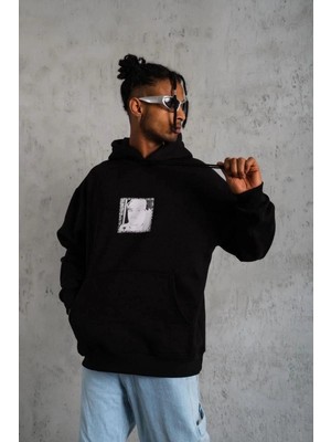 Zenvia Erkek 3 Iplik Pamuklu Kapüşonlu Baskılı Cepli Oversize Sweatshirt Hoodie - Siyah