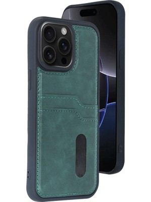Zenvia Apple Iphone 15 Pro Max Kılıf Sara Kartvizitli Deri Kılıf - Koyu Yeşil