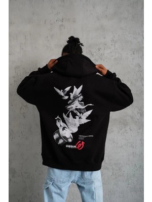 Zenvia Erkek 3 Iplik Pamuklu Kapüşonlu Baskılı Cepli Oversize Sweatshirt Hoodie - Siyah