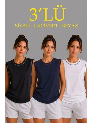 Zenvia Kadın 3’lü Kolsuz Sporcu Atlet Seti Yazlık Bisiklet Yaka - Siyah, Lacivert, Beyaz