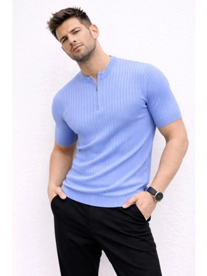 Zenvia Erkek Kısa Kol Fitilli Triko T-Shirt Yazlık Hakim Yaka Tişört - Bebek Mavisi