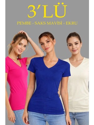 Zenvia Kadın V Yaka Tişört Kısa Kol Slim Fit T-Shirt 3'lü Set Pembe-Saks Mavi-Ekru