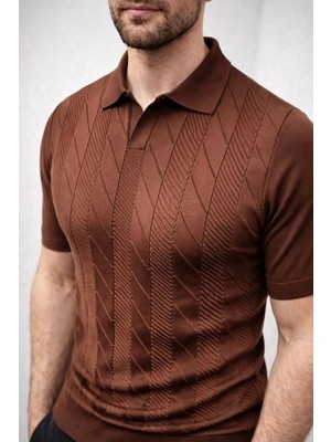 Zenvia Erkek Yazlık Triko Dokuma Tişört Kısa Kol Polo Yaka T-Shirt - Kahverengi
