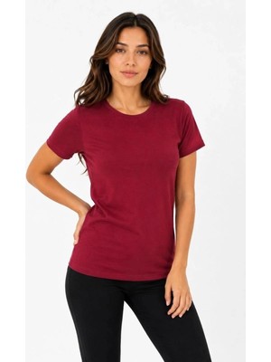Zenvia Kadın Basic Tişört Bisiklet Yaka Kısa Kol Günlük Yazlık Slim Fit T-Shirt - Bordo