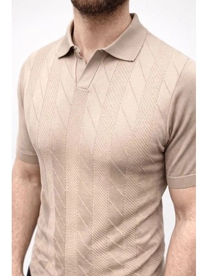 Zenvia Erkek Yazlık Triko Dokuma Tişört Kısa Kol Polo Yaka T-Shirt - Bej