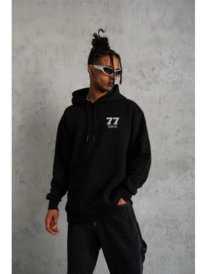 Zenvia Erkek 3 Iplik Pamuklu Kapüşonlu Baskılı Cepli Oversize Sweatshirt Hoodie - Siyah