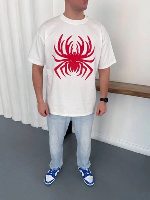 Zenvia Erkek Örümcek Baskılı Tişört Kısa Kollu Bisiklet Yaka T-Shirt - Beyaz
