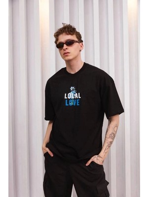 Zenvia Erkek Bisiklet Yaka Baskılı Oversize Kısa Kol T-Shirt - Siyah