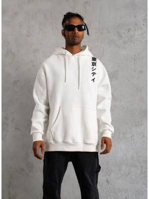 Zenvia Erkek 3 Iplik Pamuklu Kapüşonlu Baskılı Cepli Oversize Sweatshirt Hoodie - Beyaz