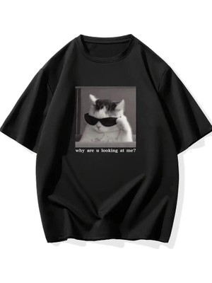 Zenvia Erkek T-Shirt Komik Kedi Baskılı Kısa Kol Tişört - Siyah