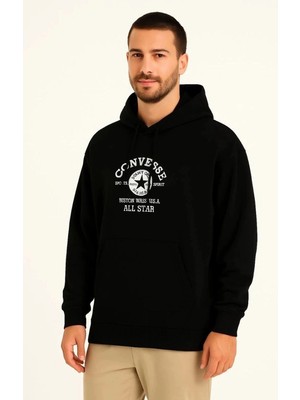 Zenvia Erkek Kapüşonlu Kanguru Cepli Sweatshirt 3 Iplik Pamuklu Baskılı Hoodie - Siyah