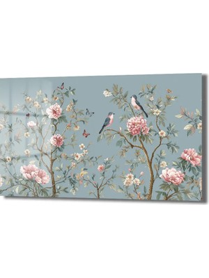 GLAZELLA Chinoiserie Bahçesi Kuşlar ve Şakayıklar Cam Tablo