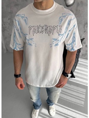 Zenvia Erkek Bisiklet Yaka Yıldırım Baskılı  kısa Kol T-Shirt - Beyaz