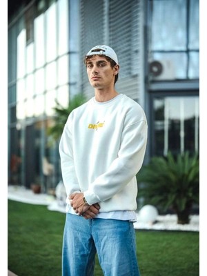 Zenvia Erkek 3 Iplik Pamuklu Kışlık Bisiklet Yaka Baskılı Sweatshirt - Beyaz