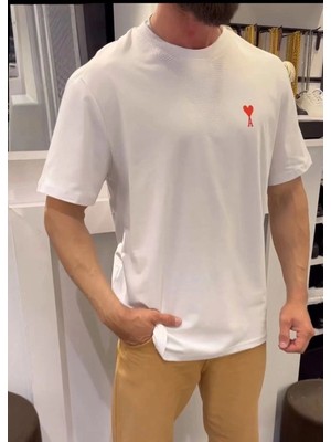 Zenvia Erkek Kısa Kol Tişört Bisiklet Yaka Kalp Baskılı Oversize T-Shirt - Beyaz