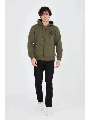 Zenvia Erkek 3 Iplik Pamuklu Fermuarlı Kapüşonlu Kanguru Cepli Baskılı Hoodie Hırka Sweatshirt - Ye�