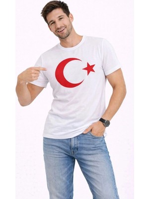 Zenvia Erkek T-Shirt Kısa Kol Bisiklet Yaka Ay Yıldız Bayrak Baskılı Tişört - Beyaz