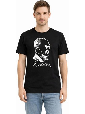 Zenvia Erkek Atatürk Baskılı Tişört Kısa Kollu Bisiklet Yaka T-Shirt - Siyah