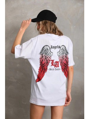 Zenvia Kadın Baskılı Tişört Kısa Kol Bisiklet Yaka Oversize T-Shirt - Beyaz