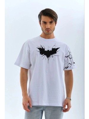Zenvia Erkek Bisiklet Yaka Tişort Ön ve Kol Yarasa Baskılı T-Shirt - Beyaz