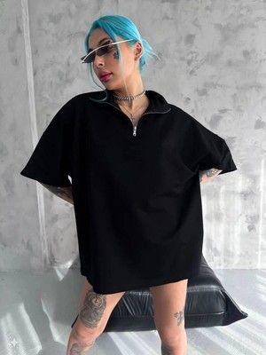 Zenvia Kadın Yarım Fermuarlı Tişört kısa Kol T-Shirt - Siyah