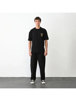 Zenvia Erkek Kısa Kol Yazlık Tişört Bisiklet Yaka Baskılı Oversize T-Shirt - Siyah