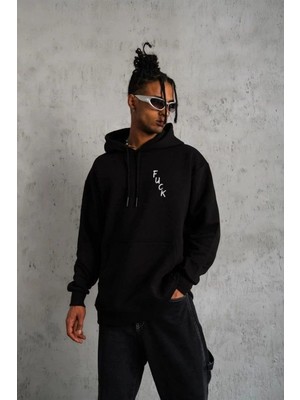 Zenvia Erkek 3 Iplik Pamuklu Kapüşonlu Baskılı Cepli Oversize Sweatshirt Hoodie - Siyah