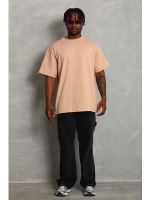 Zenvia Erkek Düz Yazlık Kısa Kol Tişört Bisiklet Yaka Oversize T-Shirt - Bej