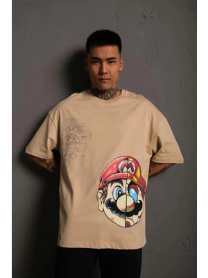 Zenvia Erkek Mario Baskılı T-Shirt Oversize kısa Kol Bisiklet Yaka Tişort - Bej