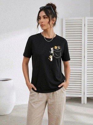 Zenvia Kadın Sevimli Kedi Cep Baskılı Tişört Kısa Kol Yazlık T-Shirt - Siyah