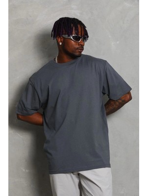 Zenvia Erkek Düz Yazlık Kısa Kol Tişört Bisiklet Yaka Oversize T-Shirt - Füme