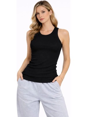 Zenvia Kadın Fitilli Atlet Sıfır Yaka Slim Fit Arka Baskılı Spor Atlet - Siyah