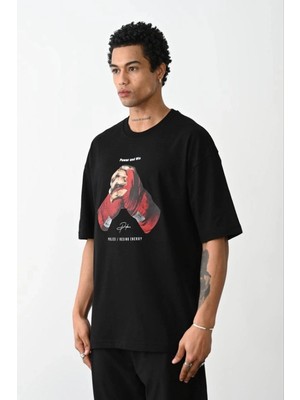 Zenvia Erkek Boxy Eldiven Baskılı T-Shirt Kısa Kol Bisiklet Yaka Tişört - Siyah