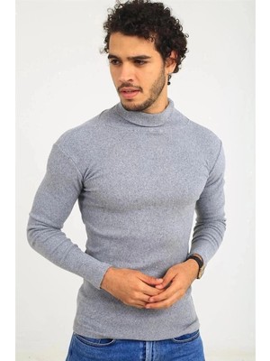 Zenvia Erkek Kaşkorse Boğazlı Full Likralı Fitilli Body Kazak - Gri