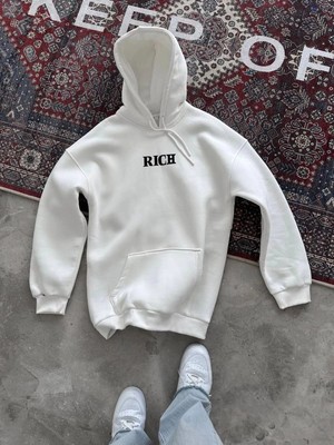 Zenvia Kadın Kapüşonlu Kanguru Cepli Sweatshirt 3 Iplik Pamuklu Baskılı Hoodie - Beyaz