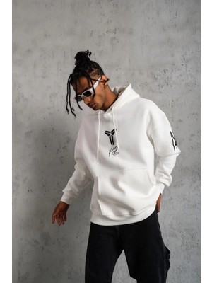 Zenvia Erkek 3 Iplik Pamuklu Kapüşonlu Baskılı Cepli Oversize Sweatshirt Hoodie - Beyaz