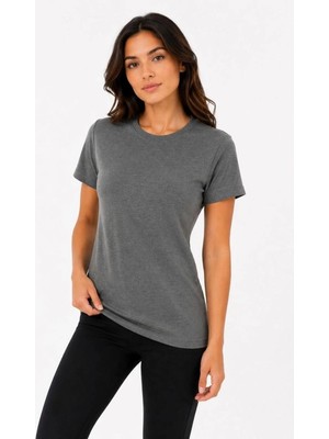Zenvia Kadın Basic Tişört Bisiklet Yaka Kısa Kol Günlük Yazlık Slim Fit T-Shirt - Antrasit