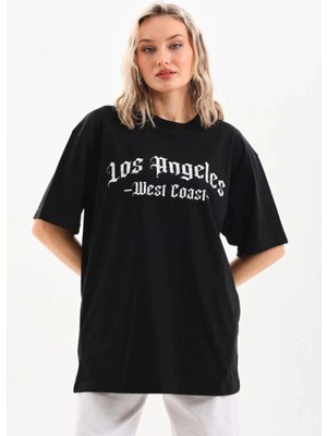 Zenvia Kadın Baskılı Tişört Kısa Kol Bisiklet Yaka Oversize T-Shirt - Siyah