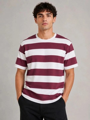 Zenvia Erkek Çizgili Oversize Tişört Bisiklet Yaka Kısa Kol Yazlık T-Shirt - Bordo