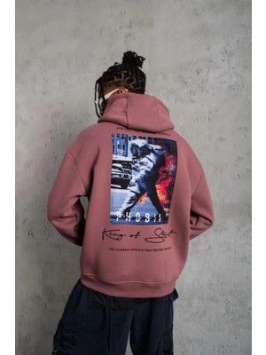 Zenvia Erkek 3 Iplik Pamuklu Kapüşonlu Baskılı Cepli Oversize Sweatshirt Hoodie - Gül Kurusu