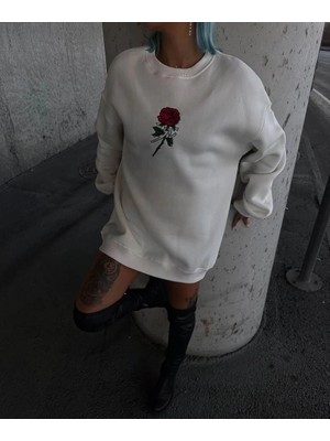 Zenvia Kadın 3 Iplik Pamuklu Bisiklet Yaka Gül Baskılı Sweatshirt - Beyazbeyaz